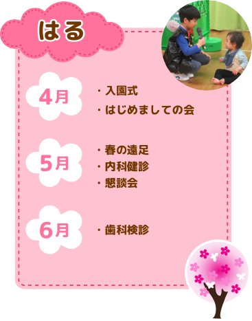 年間行事　春
4月　入園式/はじめましての会
5月　春の遠足/内科健診/懇談会
6月　歯科検診