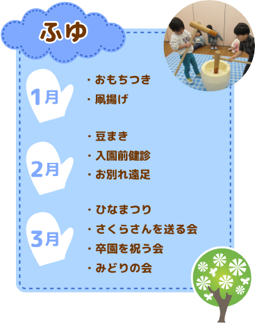 年間行事　冬
1月　おもちつき/凧揚げ
2月　豆まき/入園前健診/お別れ遠足
3月　ひなまつり/さくらさんを送る会/卒園を祝う会/みどりの会